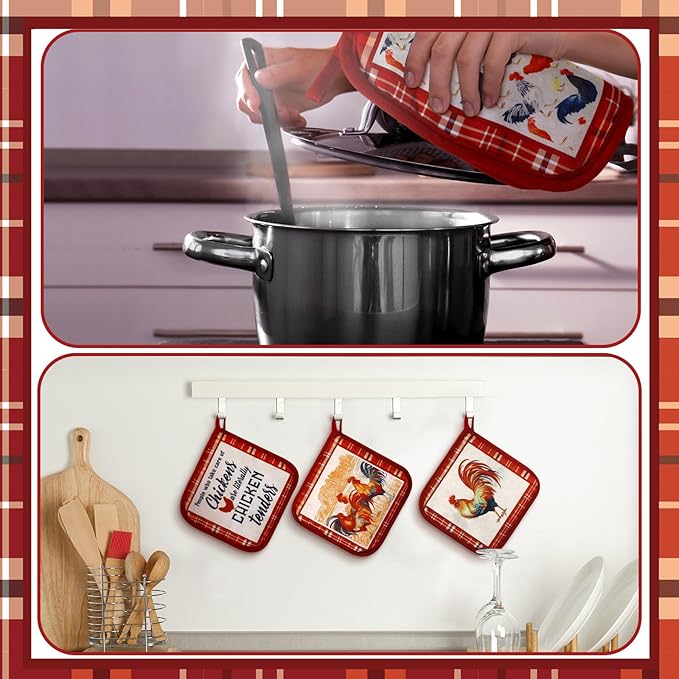Bencailor 12 Pcs Pot Holders with Pocket Kitchen Hot Potholders Hot Pad Oven Mitts Cookie Bag Oven Gloves for Kitchen Gift Baking Cooking(Bright Red,Red Rooster)