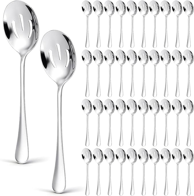 Layhit 42 Pcs Large Slotted Spoons Stainless Steel Bulk for Buffet Highly Polished 8 Inches Metal Utensils Solid Dishwasher Safe Serving Spoons for Catering Salads Pasta Soup Home Party