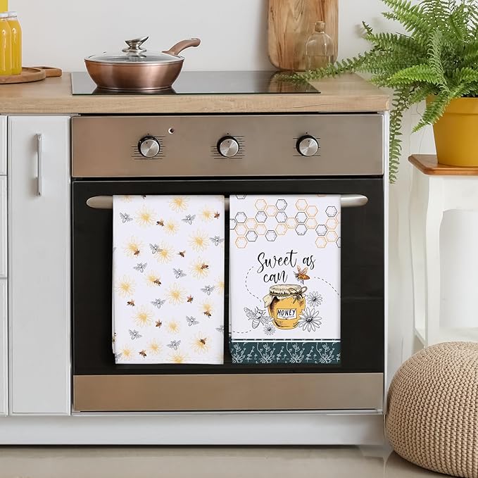 Spring Summer Honeybee Tea Towels, Cotton Kitchen Towel 18.9 × 27.5 inch, Quick Drying Dish Cloth for Party Anniversary Holiday Decoration, Housewarming Gifts for Mom