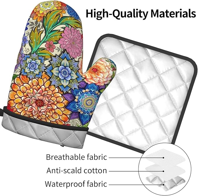 Boho Floral Oven Mitts and Pot Holders Sets of 3, Colorful Flowers Heat Resistant Kitchen Gloves Hot Pads, Chef Baking Gifts for Baker Women Mom Wife, Spring Easter Kitchen Gifts for Cooking Lover