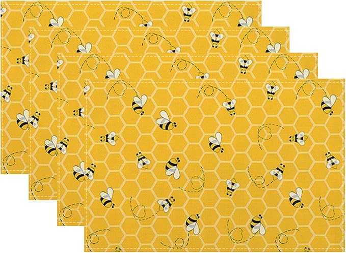 Mustard Yellow Placemats Set of 4 Cute Honey Bee Summer Decor Place Mats 12x18 Inch Honeycomb Seasonal Holiday Decorative Linen Table Mats for Home Kitchen Dining Party Table Decoration