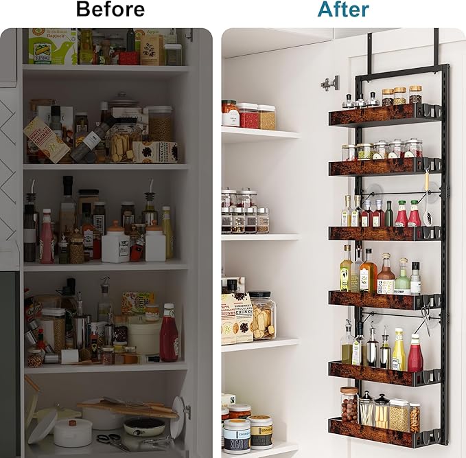 bukfen Over the Door Pantry Organizer, 6-Tier Adjustable Wooden Basket Kitchen Pantry Door Organization and Storage, Heavy-Duty Metal Hanging Kitchen Spice Rack, D6.3 x W17.71 x H50.60 inch, 1 Pack
