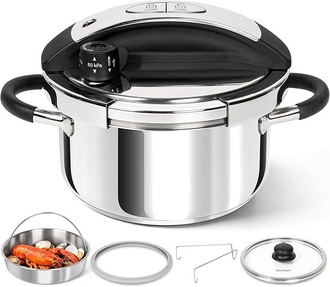 MICHELANGELO Small Pressure Cooker Stainless Steel, 3.2 Quart Olla de Presion, One-Hand Locking System, Induction Compatible, with Glass Lid & Steamer