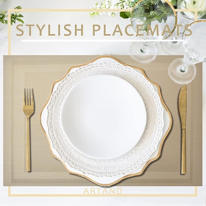 DACHUI Placemats Set of 4, Linen Look Woven Place Mats, Water Resistant, Heat Resistant, Washable, Durable Table Mats (Beige)