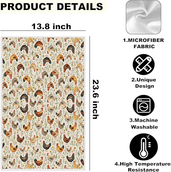 2 Pcs Funny Chicken Kitchen Towels, Absorbent Soft Microfiber Towel for Bathroom Kitchen, Dish Towels Tea Towel, Dish Cloths for Washing Dishes, Chicken Farmhouse Gifts for Women Friend