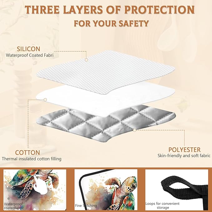 2PCS Turtle Watercolour Pot Holder with Loop,Heat Resistant Oven Pads,Hot Pat for Kitchen Cooking Baking Food