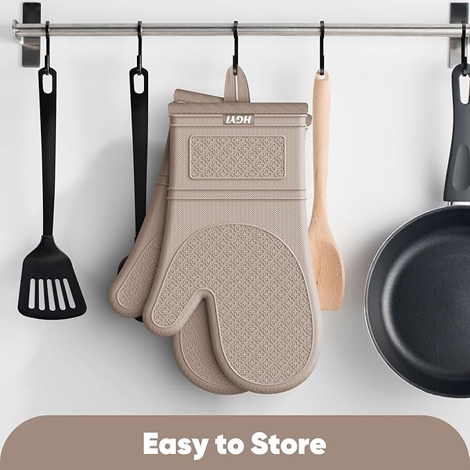 Silicone Oven Mitts, Heat Resistant Oven Gloves with Quilted Liner, Waterproof & Non-Slip Kitchen Mittens for Baking Cooking BBQ, 500°F, 12.5"-Milkshake Beige