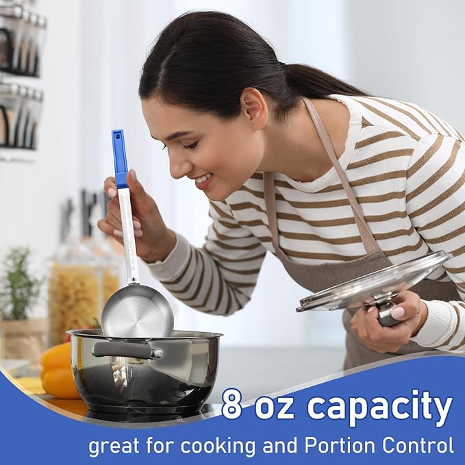 Teenyyou 8 Pcs Portion Control Serving Spoons Portion Scoops Cups Solid and Slotted Stainless Steel Ladle Spoon for Food, Serving Utensils Set for Parties (Dark Blue,8 oz)