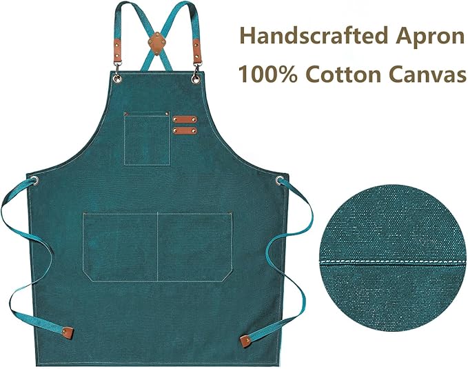 AFUN Chef Aprons for Men Women with Oversized Pockets, 16-Ounce Cotton Canvas Cross Back Heavy Duty Work Apron (Dark Green)