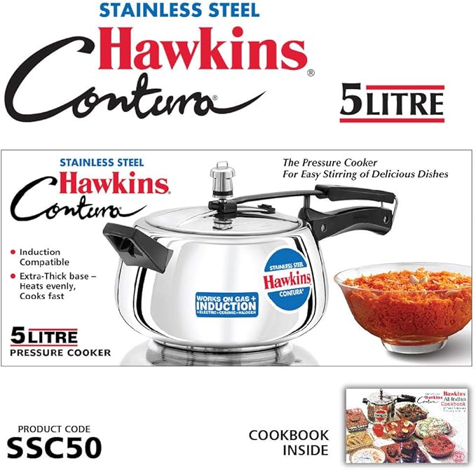 Hawkins 5 Litre Contura Pressure Cooker, Stainless Steel Inner Lid Cooker, Handi Cooker, Induction Cooker, Silver (SSC50)
