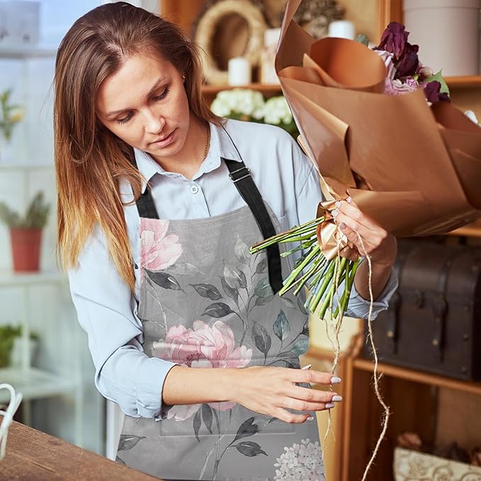 Britimes Spring Flowers Leaves Floral Apron Home Kitchen Cooking Baking Gardening for Women Men with Pockets 32x28 inch