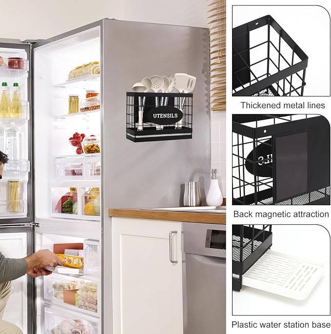 Magnetic Utensil Holder for Fridge Large Silverware Organizer Kitchen Utensil Organizer with Draining Kitchen Counter Sturdy Black Metal Cooking Caddy Storage for Silicone Spatula Fork Spoon