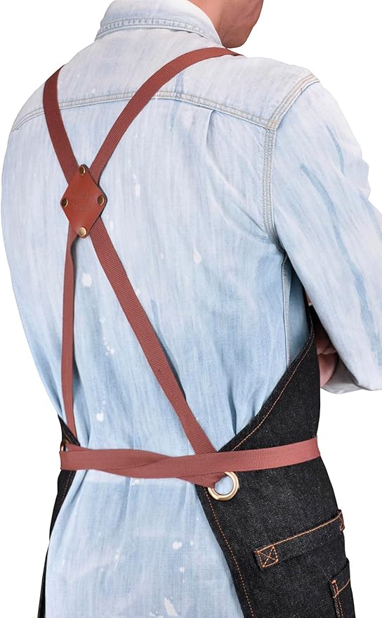 Cooking Apron with Pockets Mens Womens Professional Kitchen Bib Apron for Chef Grill BBQ (Black Denim with Cross Back Straps)
