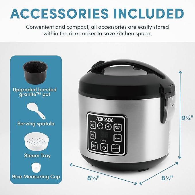 AROMA® 8-Cup (Cooked) / 2 Qt. Digital Rice & Grain Multicooker, Durable Nonstick Inner Pot, Oatmeal, Steam, White & Brown Rice, Keep Warm