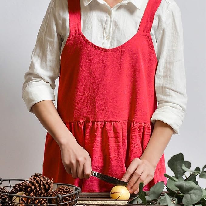 Uaussi Cotton Linen Apron Cross Back Work Apron for Women with Pockets Pinafore Dress X Cross Halter Apron for Chef Gardening