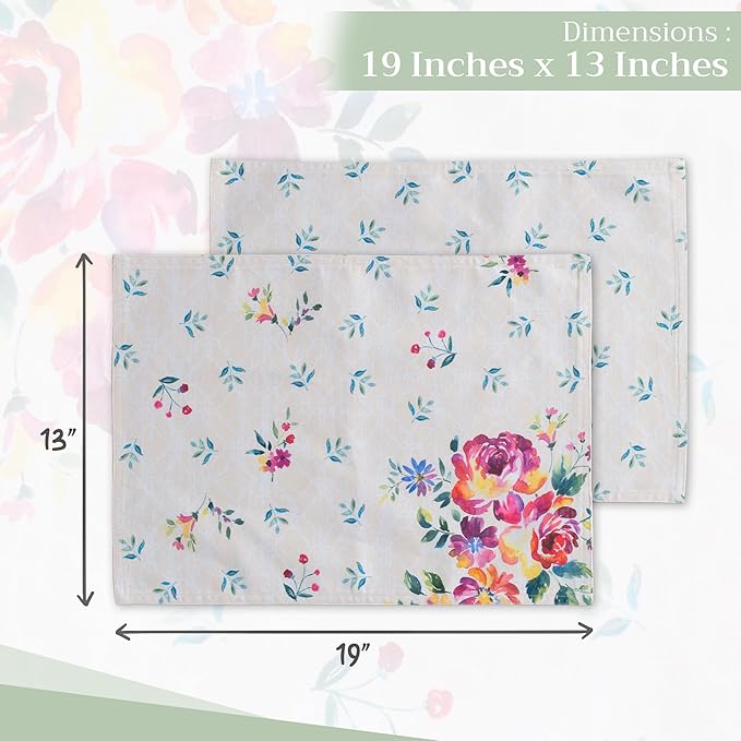 Maison d' Hermine Placemats Set of 4 100% Cotton Washable Cloth Place Mats Reusable Table Mats for Kitchen Dining Party Wedding Gifts for Mothers Day Spring/Summer (Rose Garden, 13" x 19")