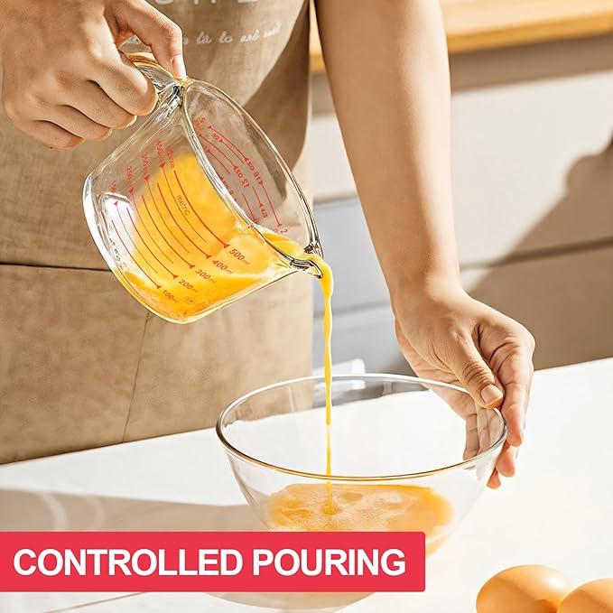 KOMUEE 4 Piece Glass Measuring Cups Set, 5 Oz, 1-Cup, 2-Cup, 4-Cup Liquid Measuring Cups with Lids for Kitchen, Freezer and Microwave Safe