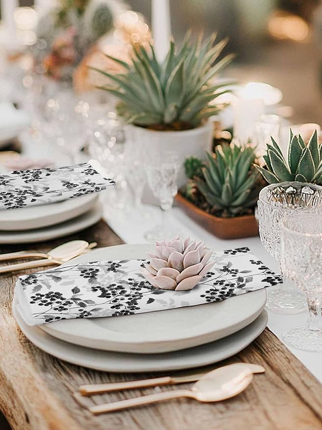 Black Grey Cloth Napkins Set of 6 - Washable Dinner Napkins Reusable Table Napkins for Home Party Weeding Dining Table Setting Decoration,Oversized 20"x20" Spring Modern Herb Wildflower Floral Plant