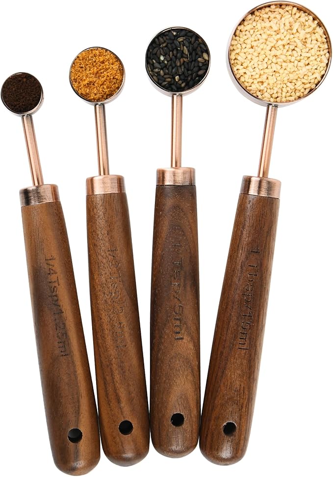 Smithcraft Copper Measuring Cups & Spoons Set 8, Stainless Steel Measuring Cups and Spoons Set for Baking and Kitchen, Metric & US Metal Measure Cup & Spoon with Wood Handle for Dry & Liquid