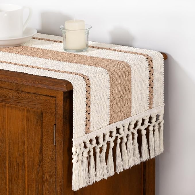 DeZerlor Boho Macrame Table Runner Spring Easter Farmhouse Woven Table Runner with Tassels 90 Inches Ivory& Khaki Cotton Linen Kitchen Table Decor for Dining Dresser Home Tea Table Decor