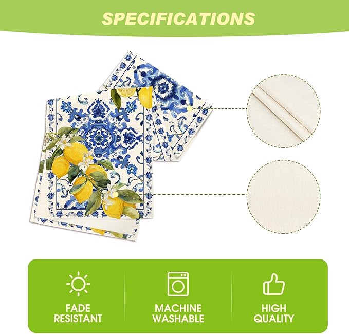 Artoid Mode Lemon Blue and White Porcelain 210 GSM Summer Table Runner, Seasonal Spring Kitchen Dining Table Decoration for Home Party Decor 13x120 Inch