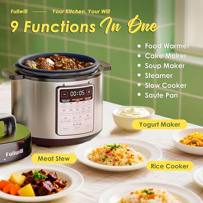 Fullwill 9-in-1 Electric Pressure Cooker, 12 Presets Instant Multi Cooker, Olla de Presion Nonstick Pot 6 Quarts Slow Cooker, Rice Cooker, Steamer, Sauté, Yogurt Maker, Warmer