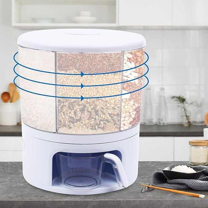 6 Grids Grain Dispenser Can, 360°Rotating Cereal Rice & Grain Storage Container Rotatable Sealed Grain Food Storage Bucket Dry Food Grain Dispenser for Grains Rice Dry Food Beans (24Lbs White)