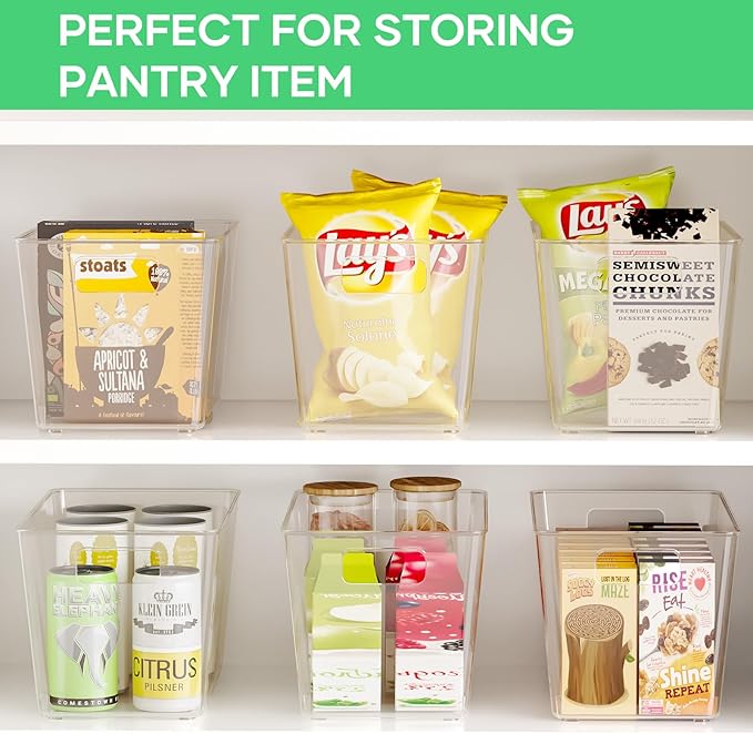 6 Pack Clear Plastic Storage Bins, 11" Large Pantry Organizer Bins with Handles, Plastic Containers for Refrigerator,BPA-Free Perfect for Kitchen,Fridge,Cabinet,Pantry(Cream)