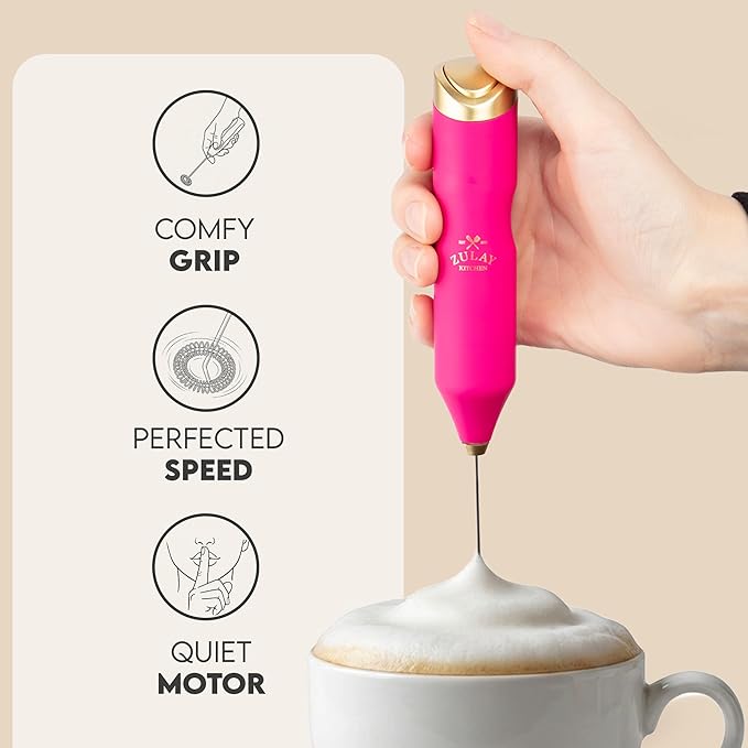Zulay Kitchen Powerful Frother Wand AA Batteries Included, Ultra Fast Handheld Drink Mixer, Comfort Milk Frother, Stainless Steel Whisker, Frother Handheld for Coffee, Protein & Matcha - Frothmate 2.0