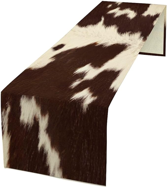 Cow Skin Print Table Runner, Rustic Farmhouse Cottage Animal Fur Skin Western Style Brown Wild 3D Cowhide Print Dinner Runner Table Decoration for Home Kitchen Dining 13"x36"