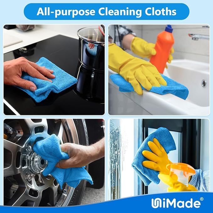 UNIMADE Shop Towels Rags, 50 Pack Reusable Shop Rags Bulk Microfiber Cleaning Cloth Lint Free Cleaning Towels for Car Kitchen Automotive Bar Mechanic Restaurant Garage, 11.5"x 11.5", Blue
