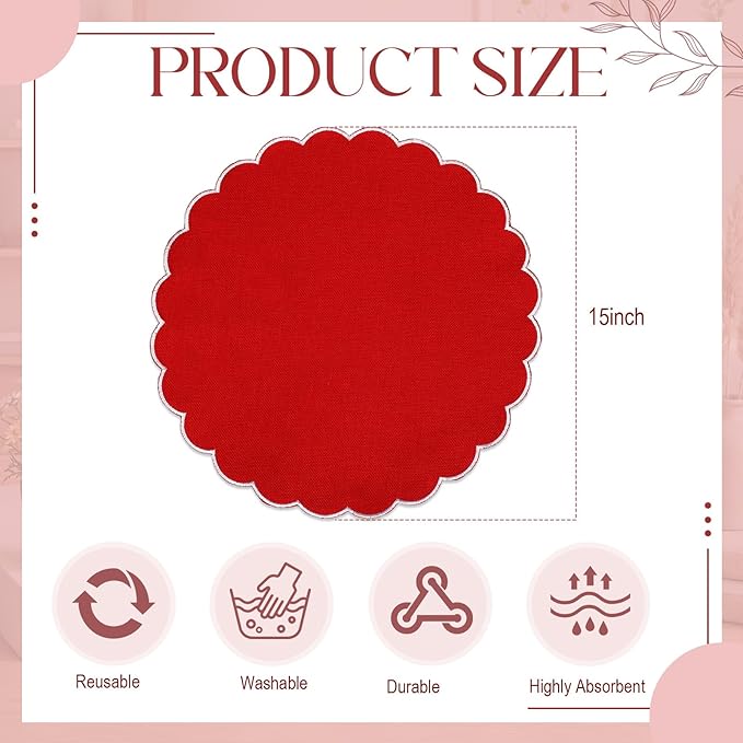 Set of 12 Red Cotton Placemats 15 Inch Round Scalloped Embroidery Placemats Washable Double Layered Rustic Table Mat Fabric Napkins for Wedding Table Decor