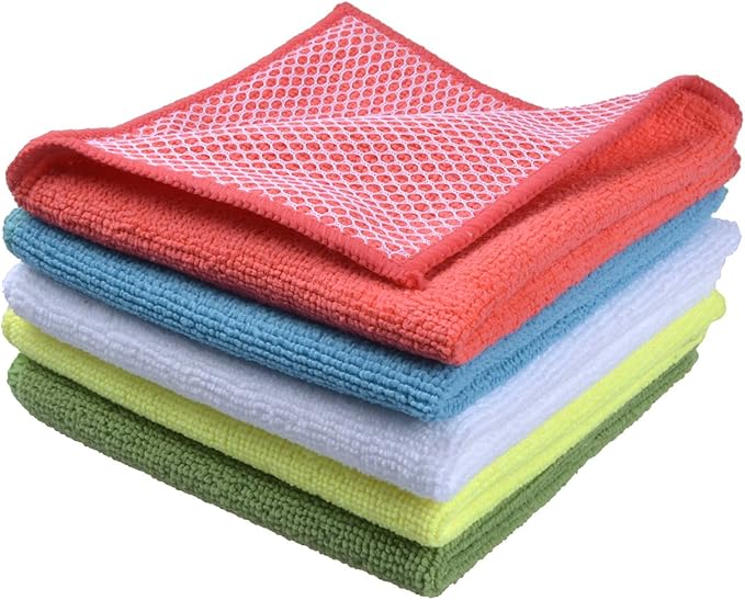 SINLAND Microfiber Dish Cloth Towels with Poly Scour Side Best Kitchen Cleaning Cloths Rags 12"x12" 5 Pack 5 Color Assorted (Pink+Blue+White+Yellow+Green)