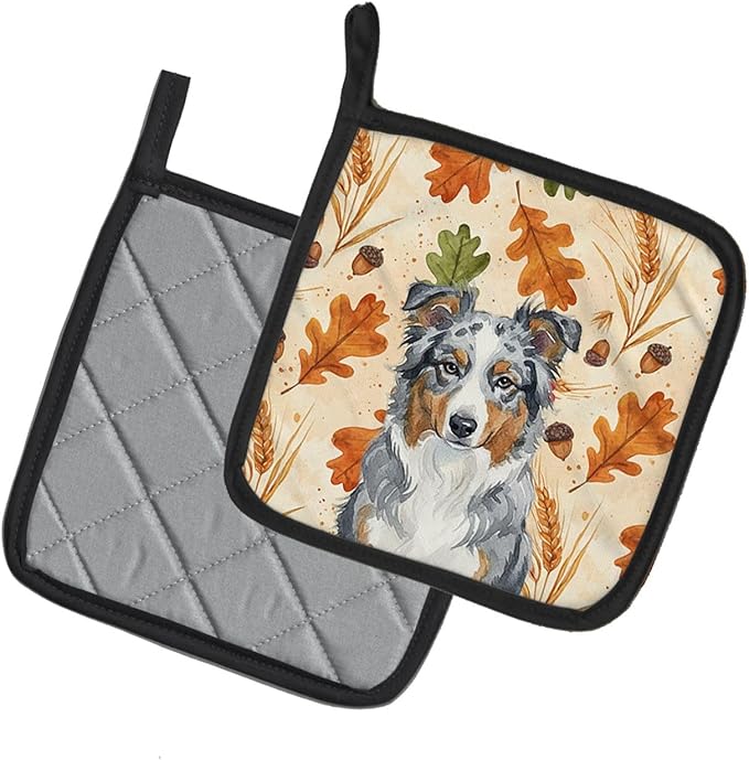 Caroline's Treasures Blue Merle American Shepherd Heirloom Fall Pair of Pot Holders Pair 7.5x7.5 Quilted Insulated Hot Pads Decorative Kitchen Gift Made in USA