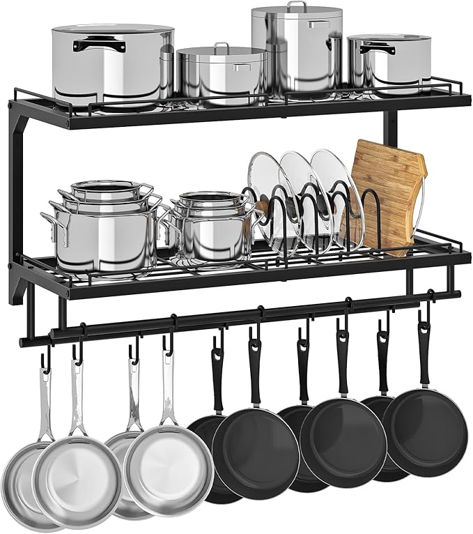 CHOEZON Pot Rack, Wall Mounted Pan Holder, 2-Tier Pot and Pan Organizer, Pot Hanger with 10 S-Shaped Hooks, Cookware Organizer with 5 Removable Metal Wire Dividers, Black TPR35BB