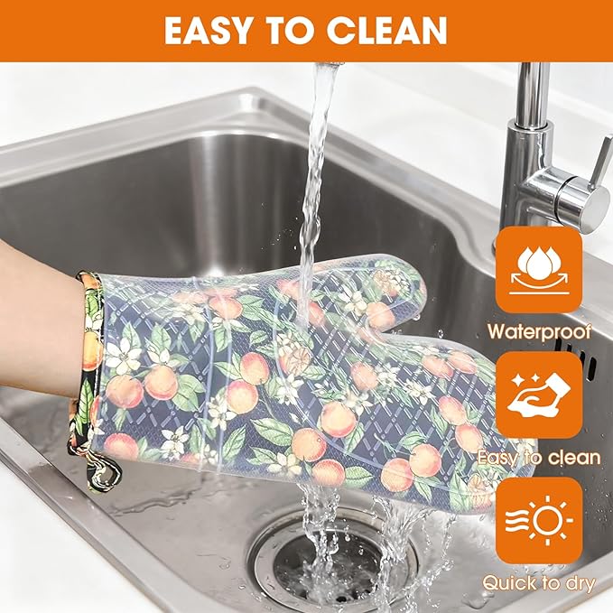 Silicone Oven Mitts Set Heat Resistant 2PCS Kitchen Mittens with Soft Cotton Lining Long Waterproof Non-Slip Oven Gloves for Cooking, BBQ, Baking-Orange