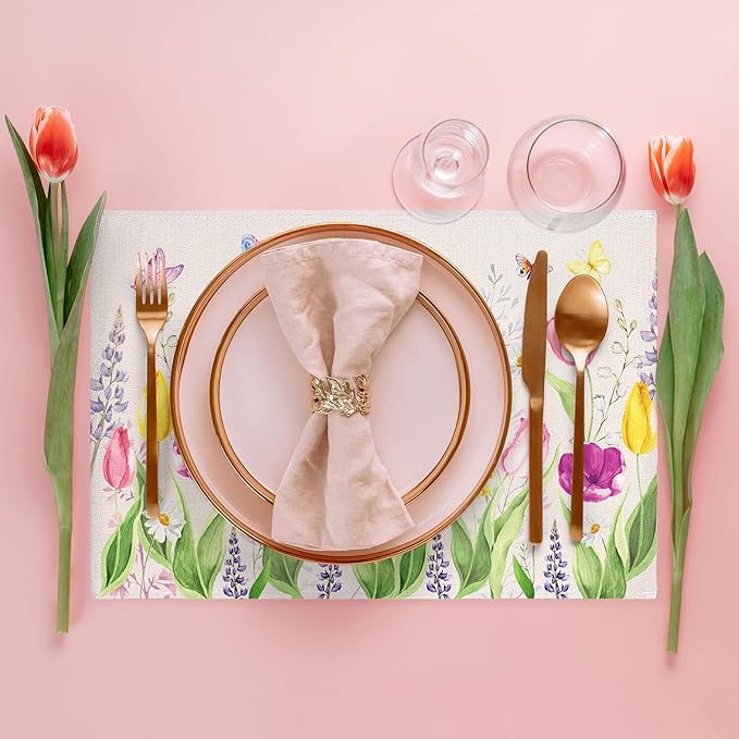 Whaline Set of 6 Spring Tulip Placemat Floral Butterfly Linen Place Mats Summer Waterproof Kitchen Table Mats for Seasonal Indoor Outdoor Home Party Dining Table Decoration, 17.9 x 12.2 Inch