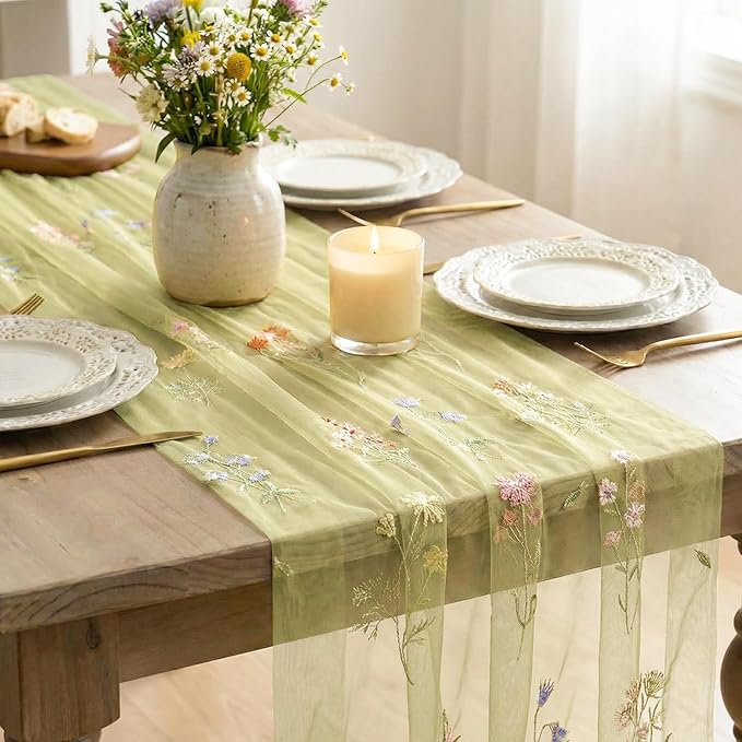 Artoid Mode Wildflower Floral Fern Green Gauze Embroidery Table Runner 120 Inch 10FT, Tulle Seasonal Spring Kitchen Dining Table Decor for Home Party