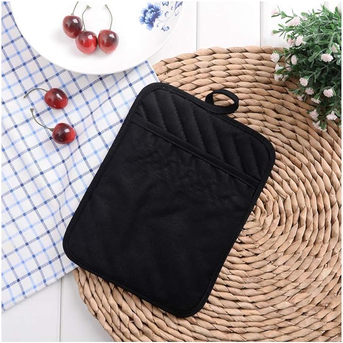 nyi Pot Holders for Kitchen Heat Resistant, Cotton Hot Pads for Kitchen Counter Table, Black Pot Holders with Pocket