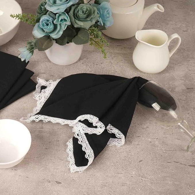 FINGERCRAFT Dinner Cloth Napkin Cotton Linen Blend 4 Pack Mitered Corners with Elegant Lace for Everyday Use Napkins are Pre Shrunk and Good Absorbency Black Easter Color