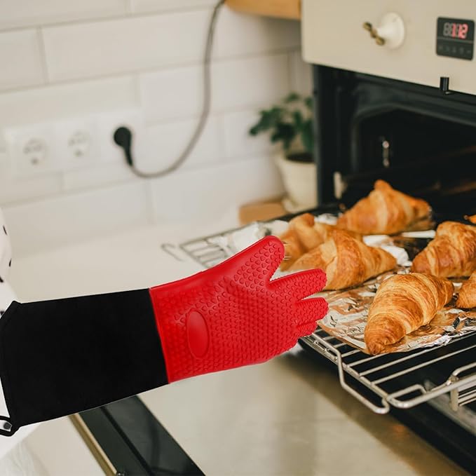 1 Pair Extra Long Professional Oven Mitts, Non-Slip Silicone Grip Heat Resistant,19.7" Length,Up to 572℉ for BBQ Cooking Baking Grilling (Red)