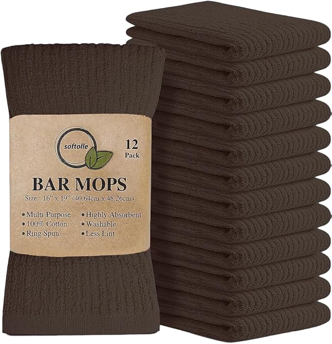 Softolle Bar Mop Towels, Pack of 12-16x19 Inches - 100% Cotton Super Absorbent Towels, Multi-Purpose for Home and Bar Cleaning (Brown)