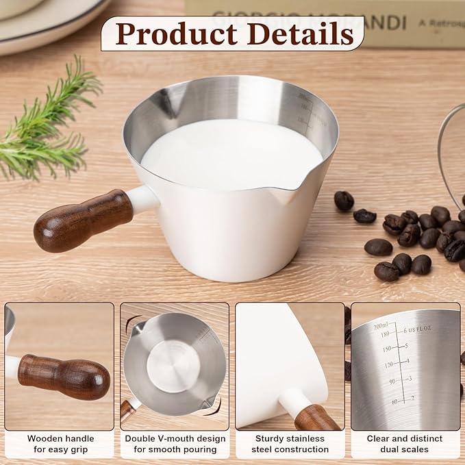 Amrules Espresso Cup, 6.8 oz/200 ml Stainless Steel Coffee Shot Measuring Cup with Wood Handle, Double V-Shaped Mouth and Clear Scale for Cappuccino Barista Coffee Bar Accessories, White