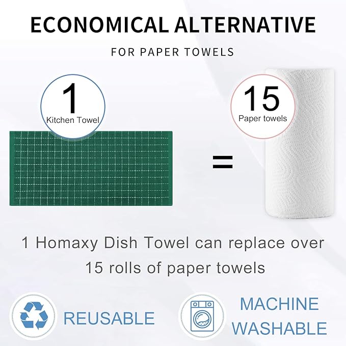 Homaxy Kitchen Towels and Dishcloths Set, 12 x 12 and 13 x 28 Inches, Set of 12 Bulk Cotton Terry Kitchen Towels Set, Checkered Designed, Soft and Super Absorbent Dish Towels, Dark Green