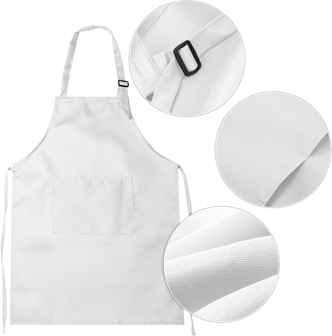CHENGU 8 Pcs Kids Apron and Chef Hat Set Child Aprons 2 Pocket for Boy Girl Toddler Cooking Painting, Ages 2-13(White,Small)