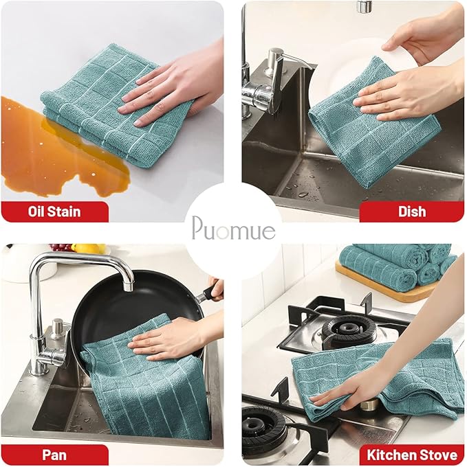 Puomue Microfiber Kitchen Towels and Dishcloths Set, 26 X 18 Inch and 12 X 12 Inch, Set of 12 Bulk Lint Free Dish Towels for Drying Dishes, Lake Blue