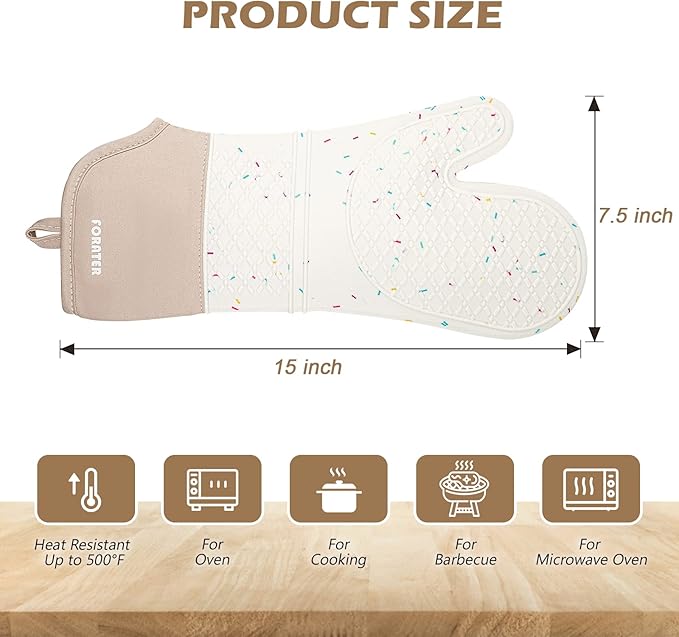 Extra Long Silicone Oven Mitts - Heat Resistant up to 500°F, 15'' Waterproof and Non-Slip Oven Gloves with Soft Quilted Liner - Perfect for BBQ, Cooking, Baking, and Grilling - 1 Pair, White