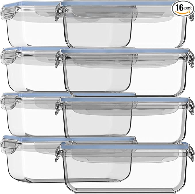 Razab 16 Pc (Set of 8) 30 Oz Glass Meal Prep Containers with Lids, Airtight Large Glass Food Storage Containers, Reusable Leak Proof BPA Free, Freezer to Oven and Dishwasher Safe