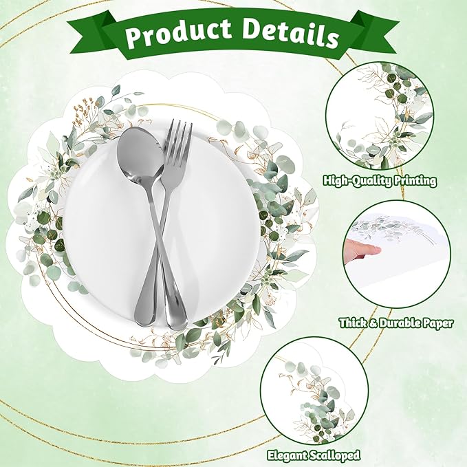 60Pcs Green Eucalyptus Leaves Paper Placemats, 13.5 Inch Disposable Wedding Placemat Scalloped Spring Table Mats, Round Paper Place Mats for Banquet Table Setting Baby Shower Wedding Bridal Tea Party