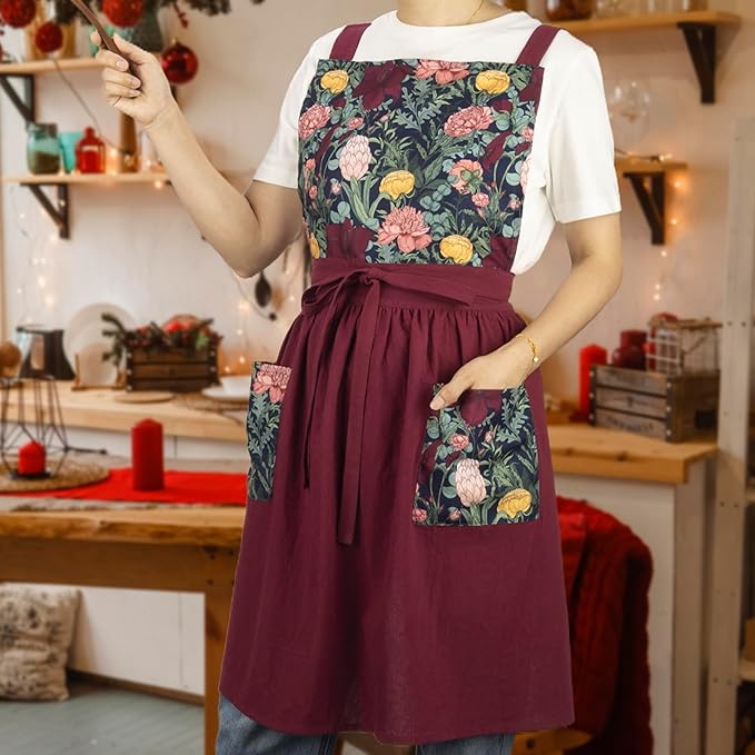 NEOVIVA Kitchen Aprons for Women with Pockets,Cooking Aprons for Women,Vintage Apron for Baking Gardening,Gifts for Mothers